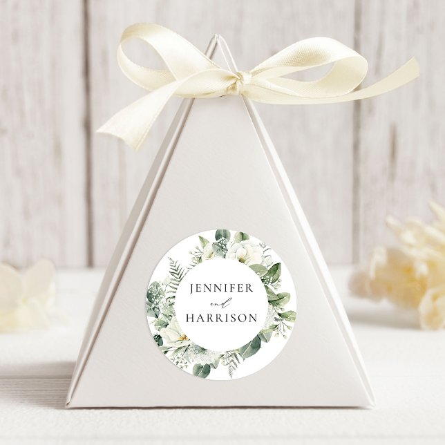 Sticker Rond Mariage Fleurs Blanches Luxuriantes et Verdure (Créateur téléchargé)