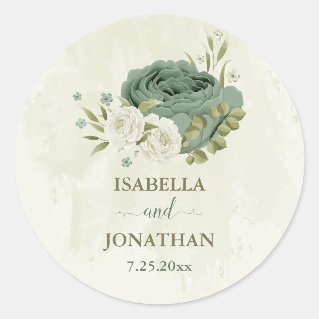 Sticker Rond mariage fleurs blanches vert sauge (Devant)