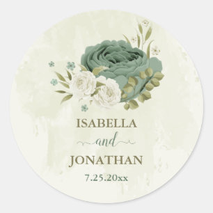 Sticker Rond mariage fleurs blanches vert sauge