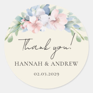 Sticker Rond Mariage Fleurs Bleues Roses Élégantes
