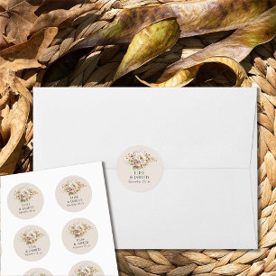 Sticker Rond Mariage Fleurs de l'automne Brun Floral Rustique