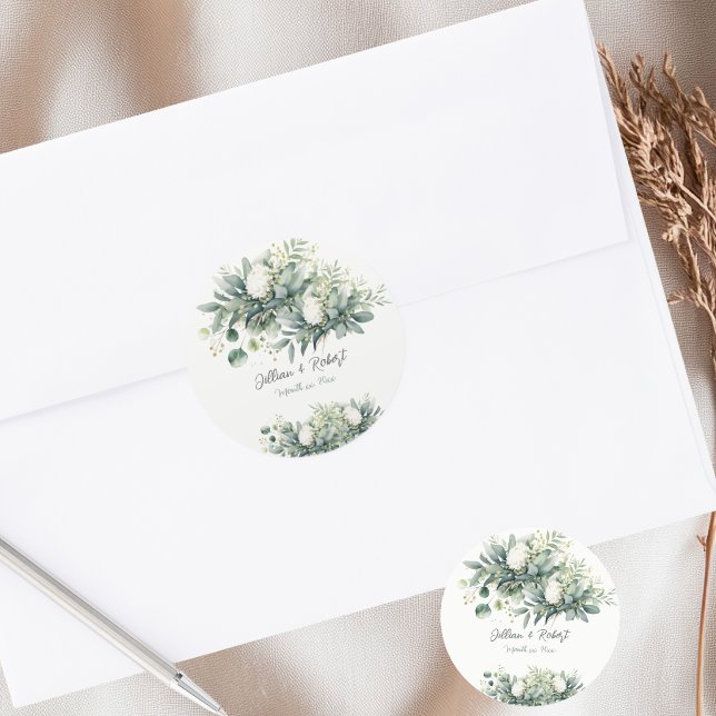 Sticker Rond Mariage Fleurs Douces de Verdure Accent Doré  (Soft Floral Greenery Gold Accent Wedding Classic Round Sticker)