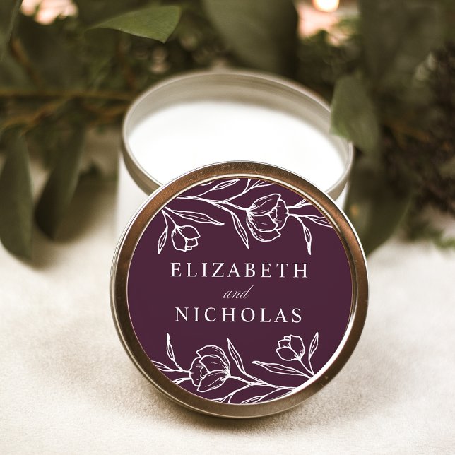 Sticker Rond Mariage Fleurs Esquissées Violet (Créateur téléchargé)