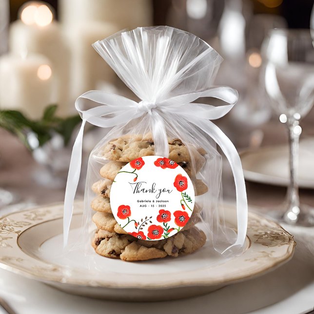 Sticker Rond Mariage Fleurs Red Poppies (Flowers Red Poppies wedding Classic Round Sticker)