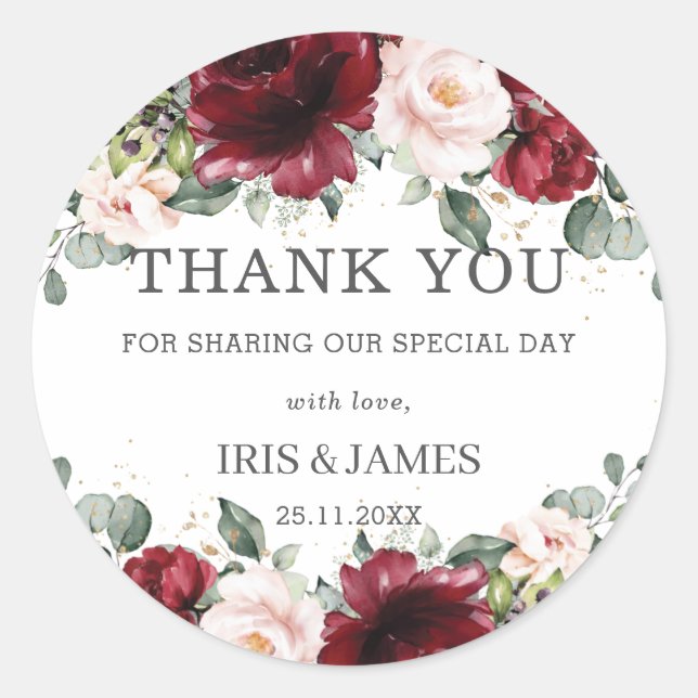Sticker Rond Mariage Fleurs Roses Fuschia Burgundy Fête d'anniv (Devant)