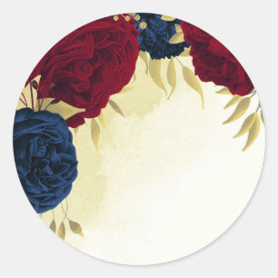 Sticker Rond mariage fleurs rouges feuilles dorées marine