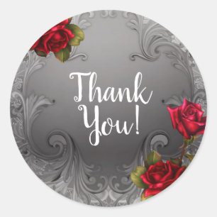 Sticker Rond Mariage Fleurs Rouges Ornementales Argentées Vinta