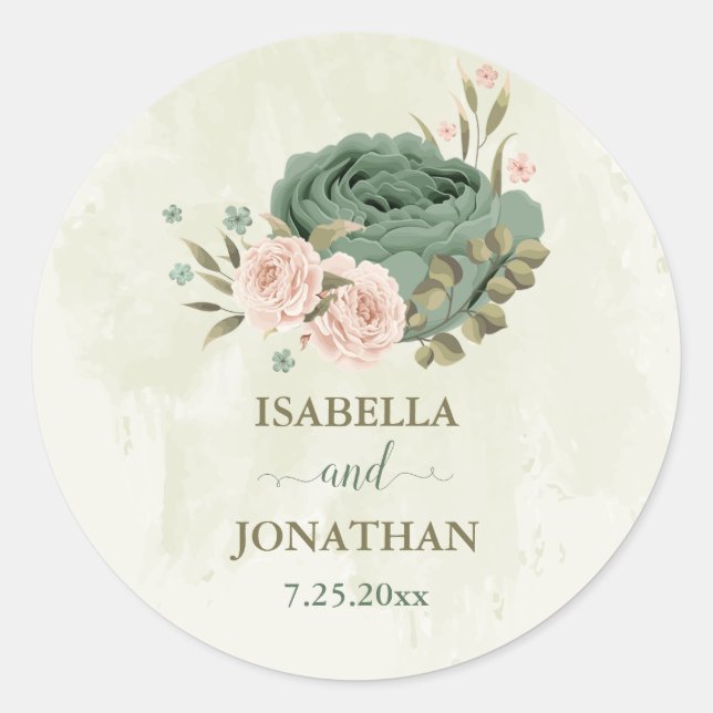 Sticker Rond mariage fleurs vert sauge (Devant)