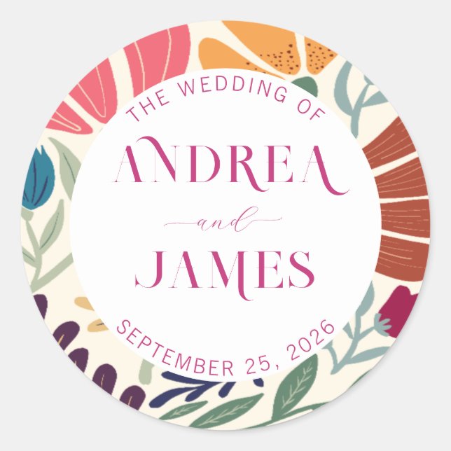 Sticker Rond Mariage Floral Abstrait de Fleur Sauvage de Couleu (Devant)