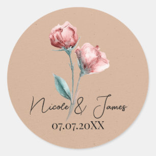 Sticker Rond Mariage Floral Aquarelle Beige Pêche