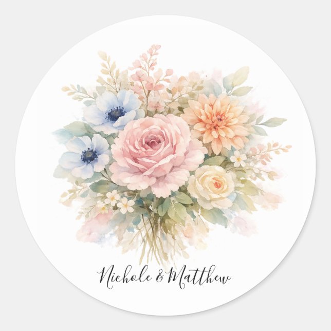 Sticker Rond Mariage Floral Aquarelle Douce (Devant)