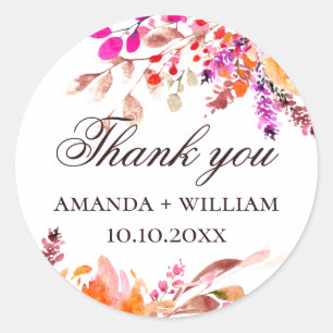 Sticker Rond Mariage floral aquarelle merci. Fleurs roses