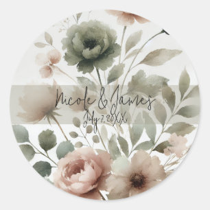 Sticker Rond Mariage floral aquarelle poussiéreux olive et rose