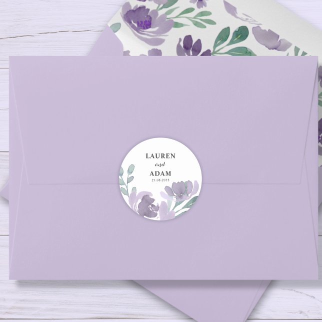 Sticker Rond Mariage Floral Aquarelle Violet Rustique  (Créateur téléchargé)
