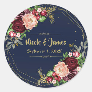 Sticker Rond Mariage floral automnal gras bleu marine or et bur