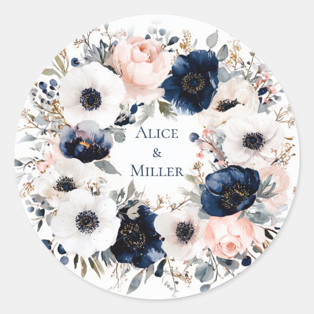 Sticker Rond Mariage floral aux anémones bleues et blanches (Devant)