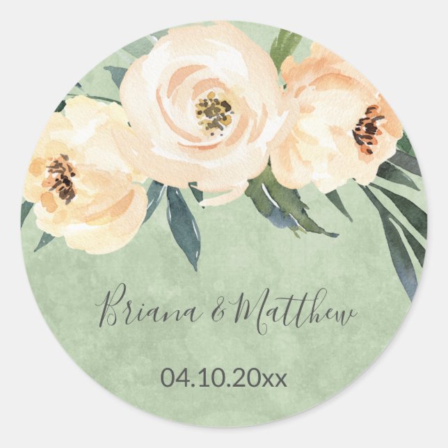 Sticker Rond Mariage Floral Beige Rose et Vert (Devant)