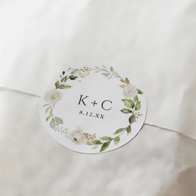 Sticker Rond Mariage Floral Blanc et Verdure (Elegant greenery wedding favor tags white floral watercolor)