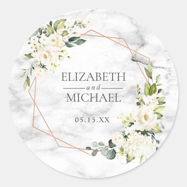 Sticker Rond Mariage floral blanc géométrique en marbre de cuiv (Devant)