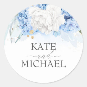 Sticker Rond Mariage floral bleu blanc et poussiéreux