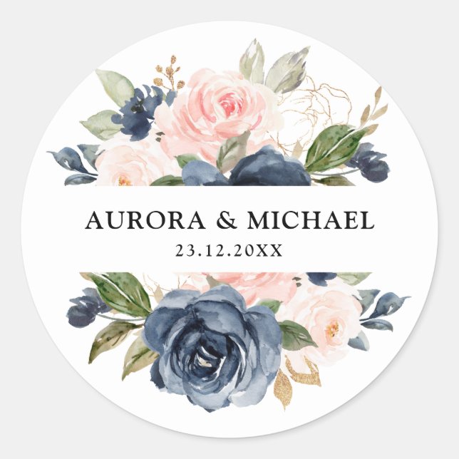 Sticker Rond Mariage floral bleu bleu bleu roux rose (Devant)