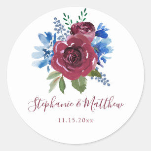 Sticker Rond Mariage floral bleu Bourgogne
