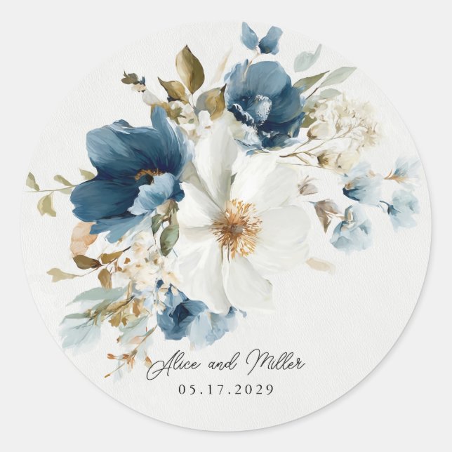 Sticker Rond Mariage floral bleu et blanc (Devant)