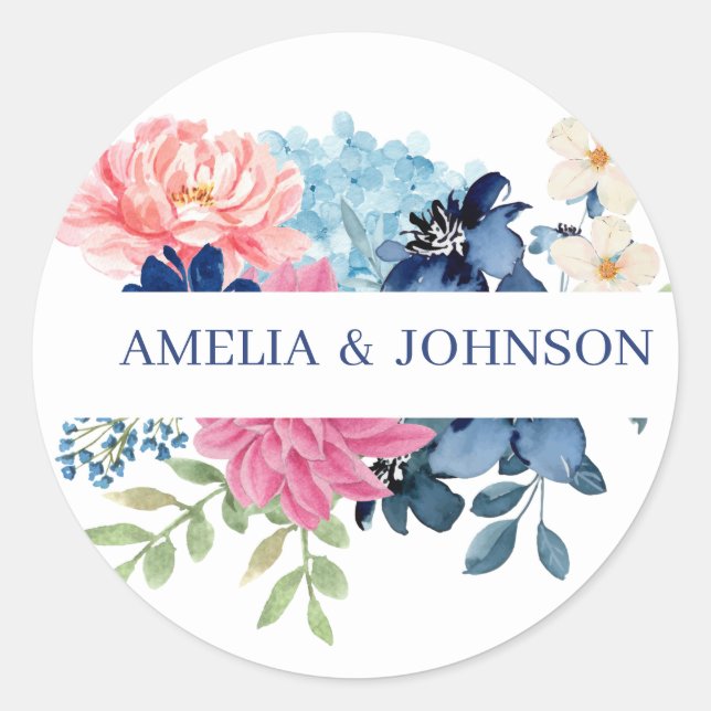 Sticker Rond Mariage floral bleu et blanc (Devant)