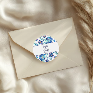 Sticker Rond Mariage floral bleu et blanc