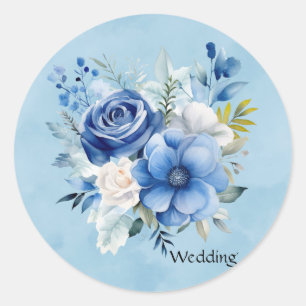 Sticker Rond Mariage floral bleu et blanc Aquarelle Peony