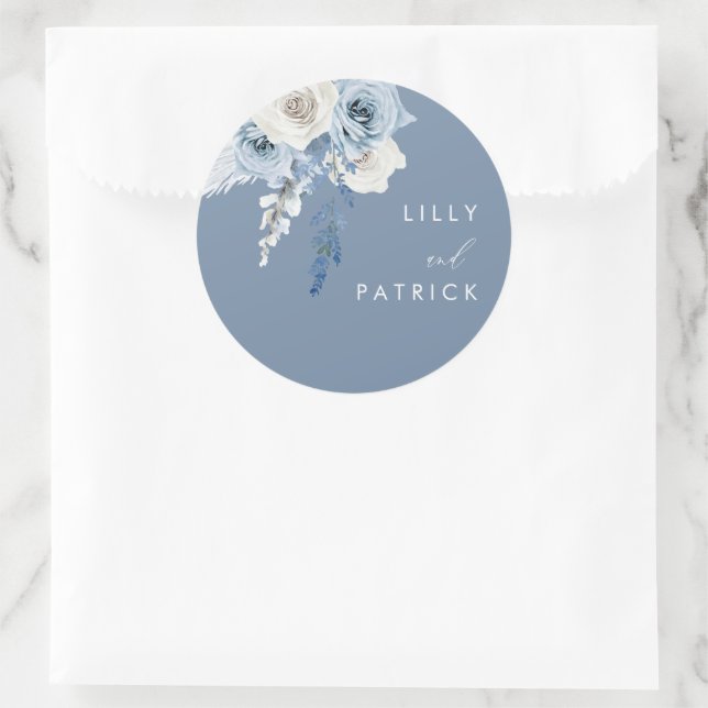 Sticker Rond Mariage floral bleu et blanc moderne (Sac)
