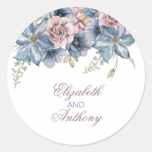 Sticker Rond Mariage floral bleu et mauve Dusty