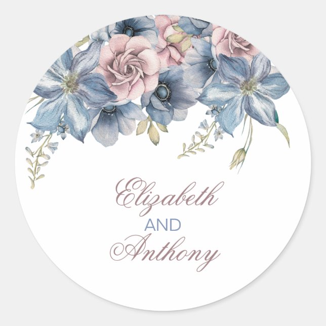 Sticker Rond Mariage floral bleu et mauve Dusty (Devant)