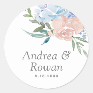 Sticker Rond Mariage floral bleu et rose