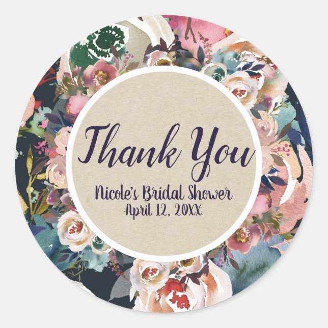 Sticker Rond Mariage floral bleu foncé et rose pâle (Devant)