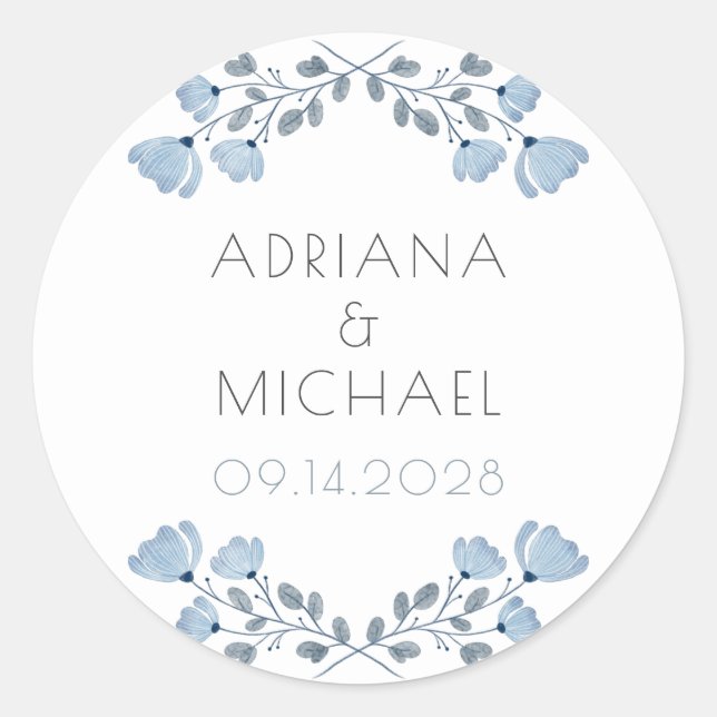 Sticker Rond Mariage floral bleu foncé moderne (Devant)