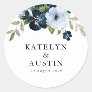 Sticker Rond mariage floral bleu marine et bleu clair