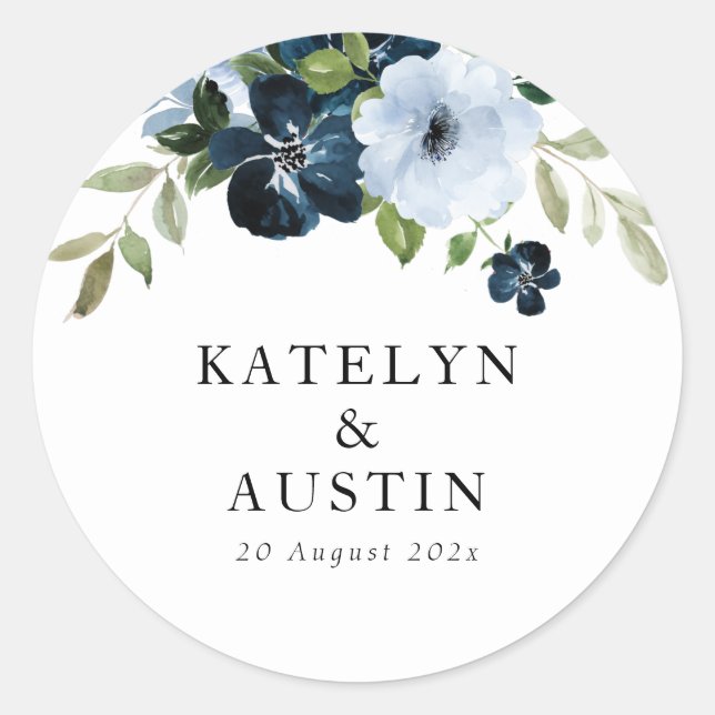 Sticker Rond mariage floral bleu marine et bleu clair (Devant)
