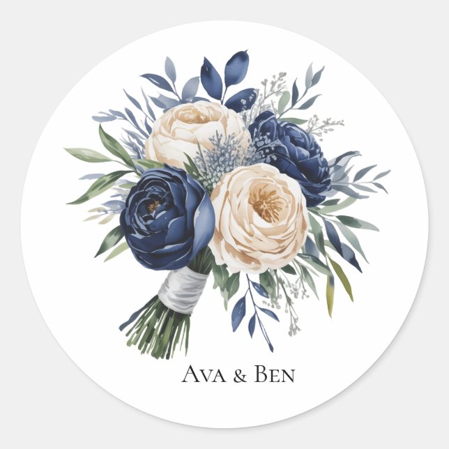Sticker Rond Mariage floral bleu marine et ivoire (Devant)