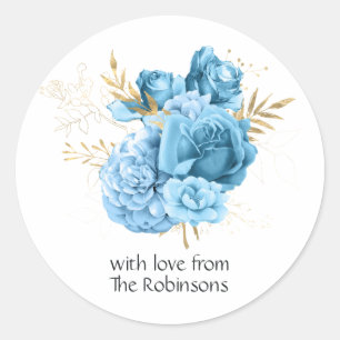 Sticker Rond Mariage floral bleu pastel et or