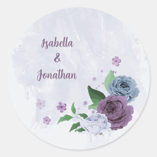 Sticker Rond Mariage floral bleu pourpre et poussiéreux (Devant)
