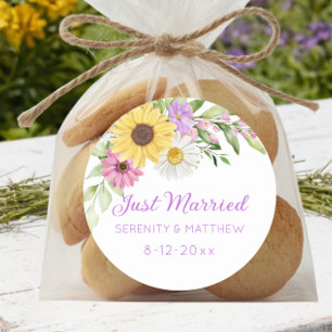 Sticker Rond Mariage Floral Boho Tournesol Daisy Just Married