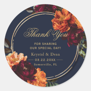 Sticker Rond Mariage Floral Bordeaux Brûlé Orange Sombre et Mau