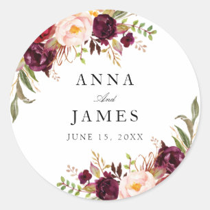 Sticker Rond mariage floral bordeaux et rouge