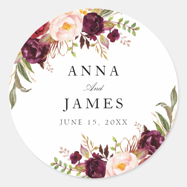 Sticker Rond mariage floral bordeaux et rouge (Devant)