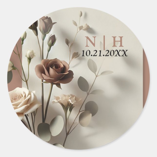 Sticker Rond Mariage Floral Botanique Moderne Mousse au Chocola (Devant)