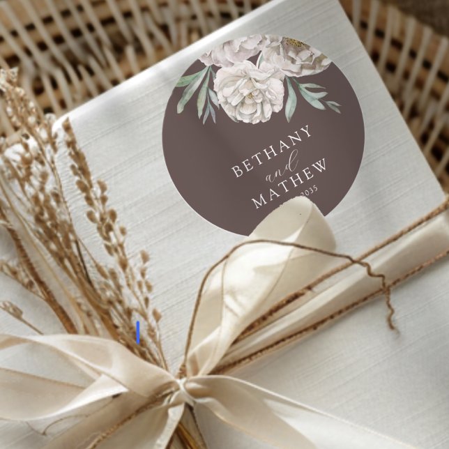 Sticker Rond Mariage Floral Brun Rustique & Blanc Cassé (Créateur téléchargé)