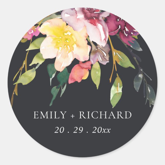 STICKER ROND MARIAGE FLORAL BURGUNDY JAUNE NOIR (Devant)