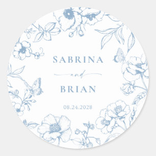 Sticker Rond Mariage Floral Classique Bleu Poussiéreux Élégant 