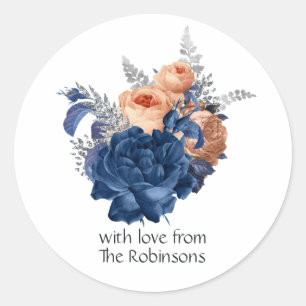 Sticker Rond Mariage floral corail, marine et argent